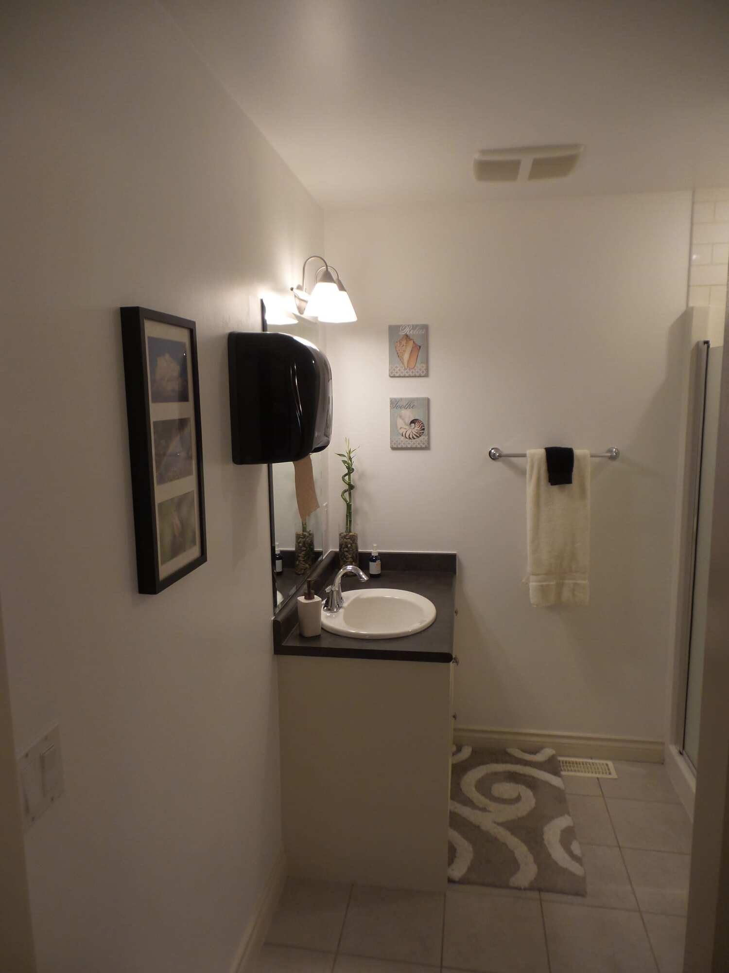 Completed washroom with vanity, mirror and coordinated finishes