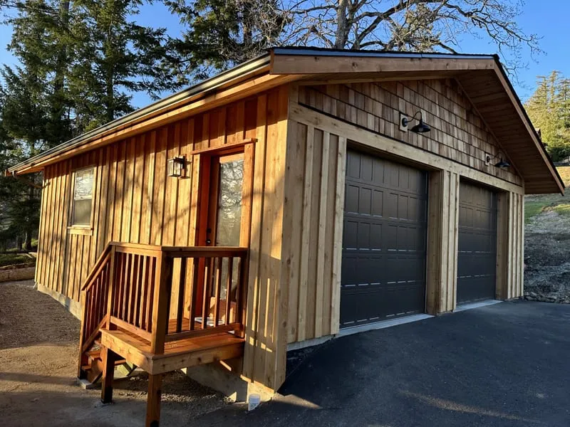 Custom cedar garage — completed exterior