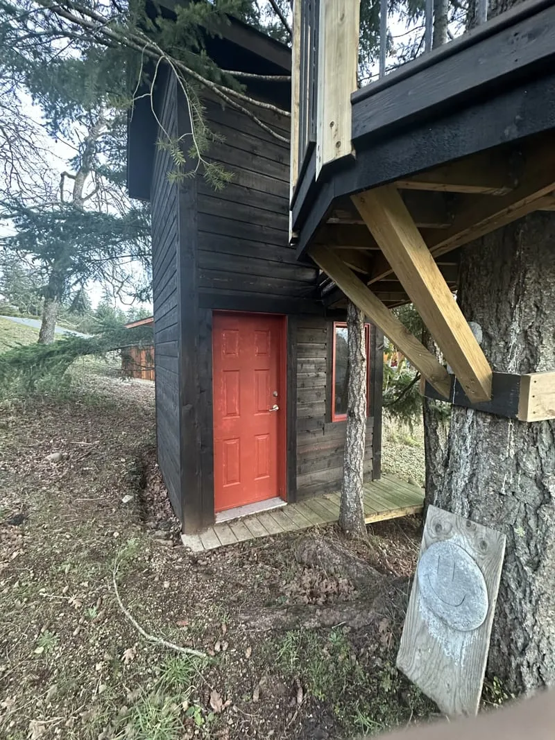 Custom two-storey treehouse — dark-stained cedar cladding and red door, built around mature trees