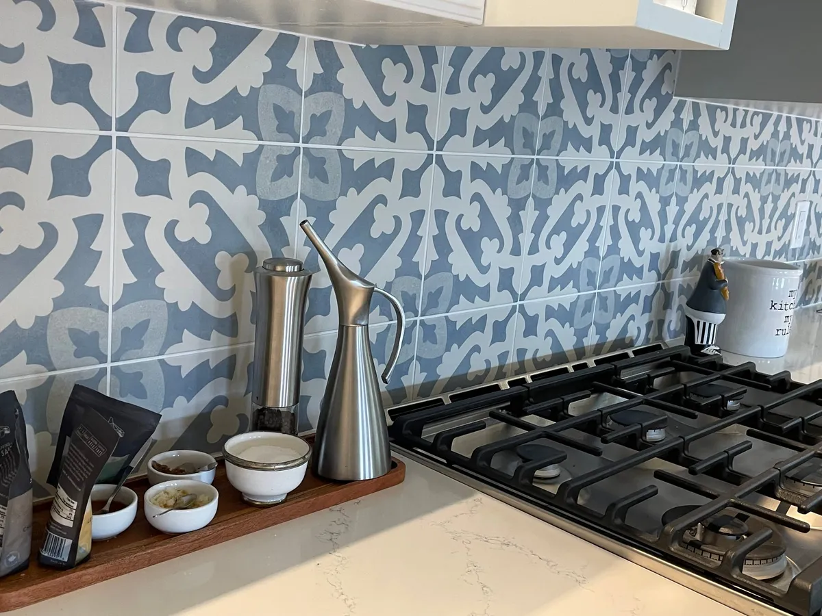 Interior renovation — patterned tile backsplash and range detail