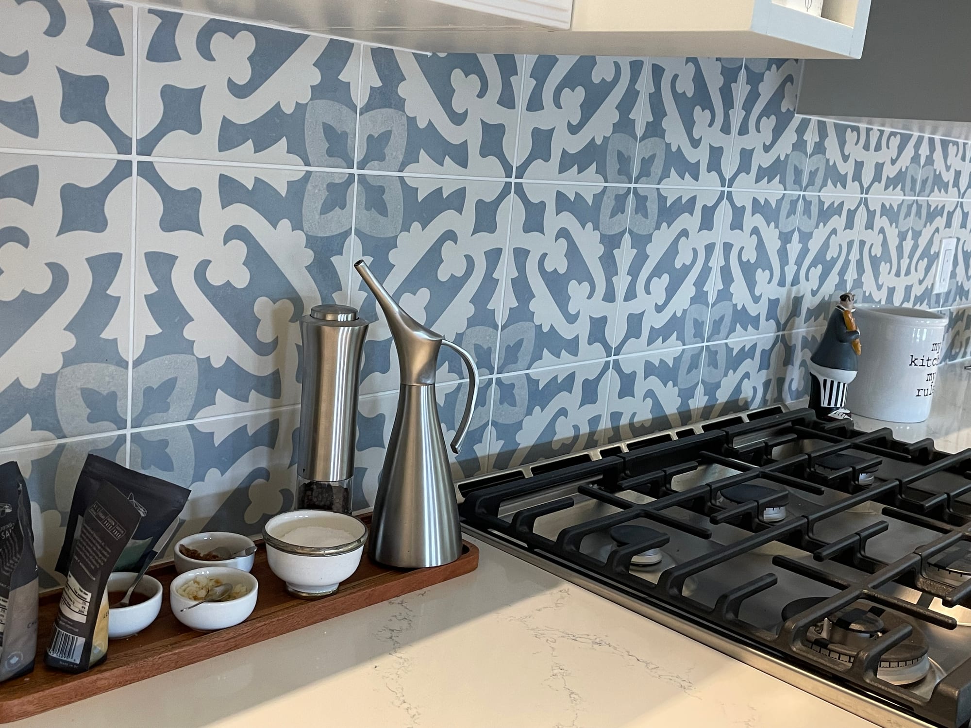Interior renovation — Moroccan tile backsplash and custom cabinetry detail